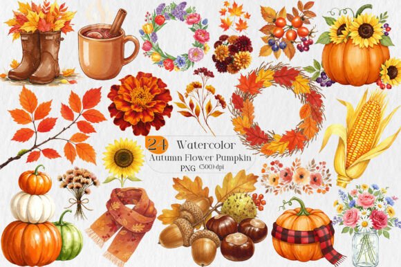 Download Watercolor Autumn Flower Pumpkin Designs - Design Collection